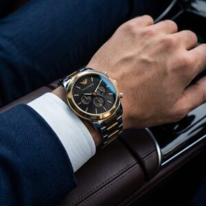 emporio armani two tone chronograph watch