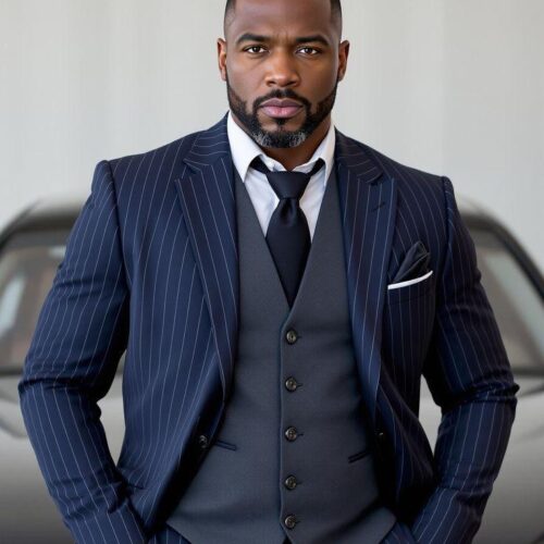 Royal Navy Blue Pinstripe Men’s Three-Piece Suit