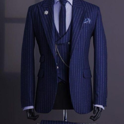 Royal Navy Blue Pinstripe Men’s Three-Piece Executive Suit