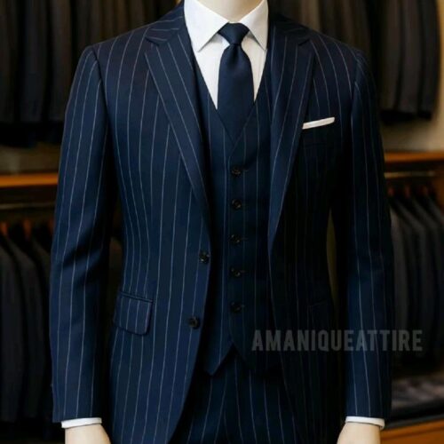 Royal Navy Blue Pinstripe Men’s Three-Piece Suit